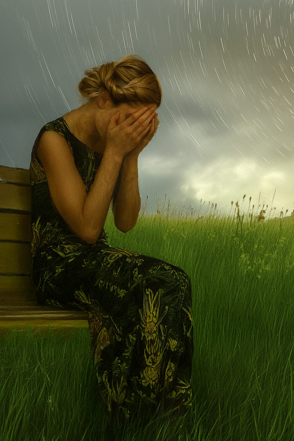 A mourning woman sits on a bench in a grassy field in the rain. Her face is cupped in her hands. A mourning woman sits on a bench in a grassy field in the rain. Her face is cupped in her hands.