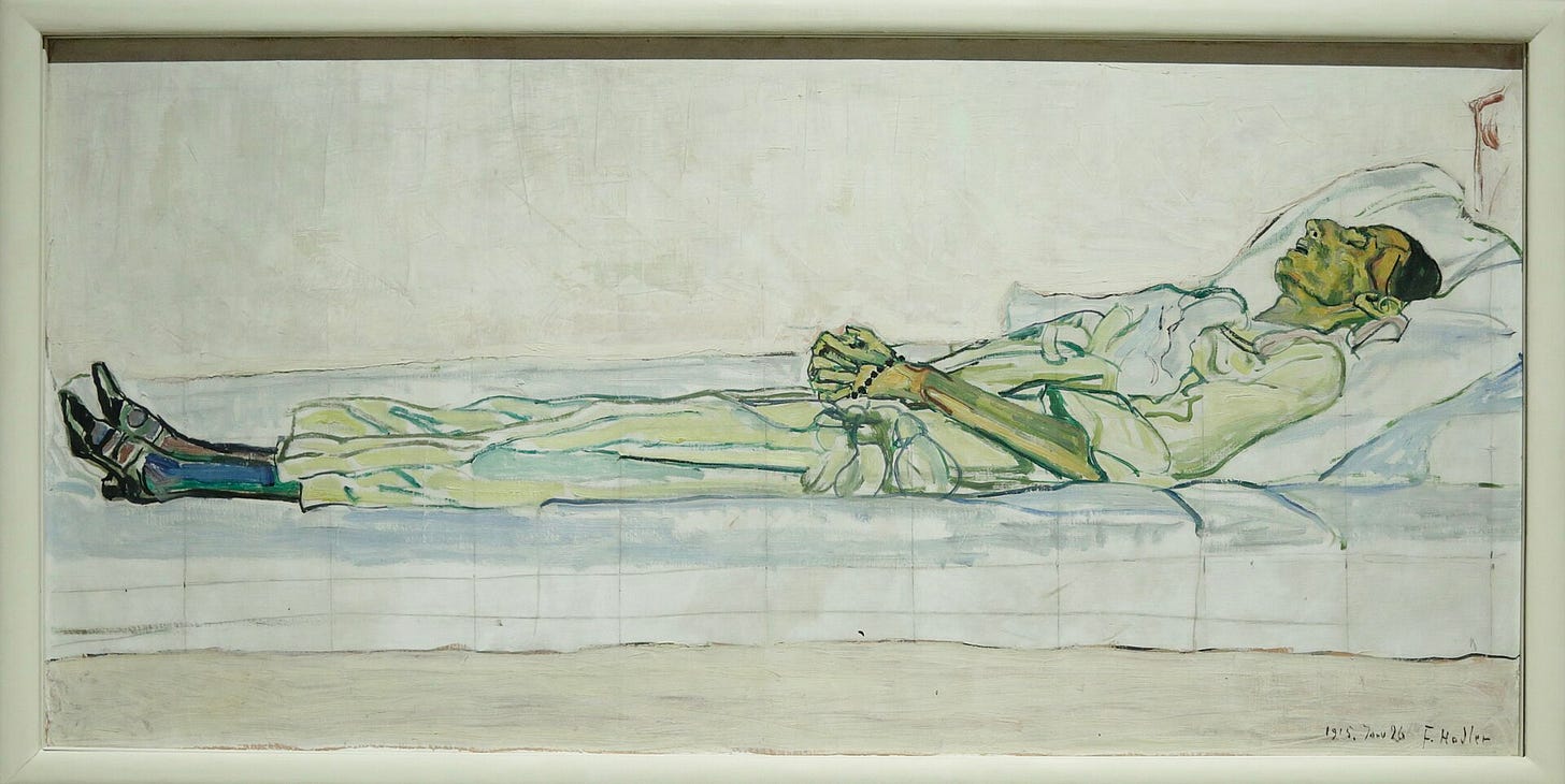 A long horizontal painting of a woman lying on her back on a white bed, seen in profile, her hands folded, against a dark blue background.