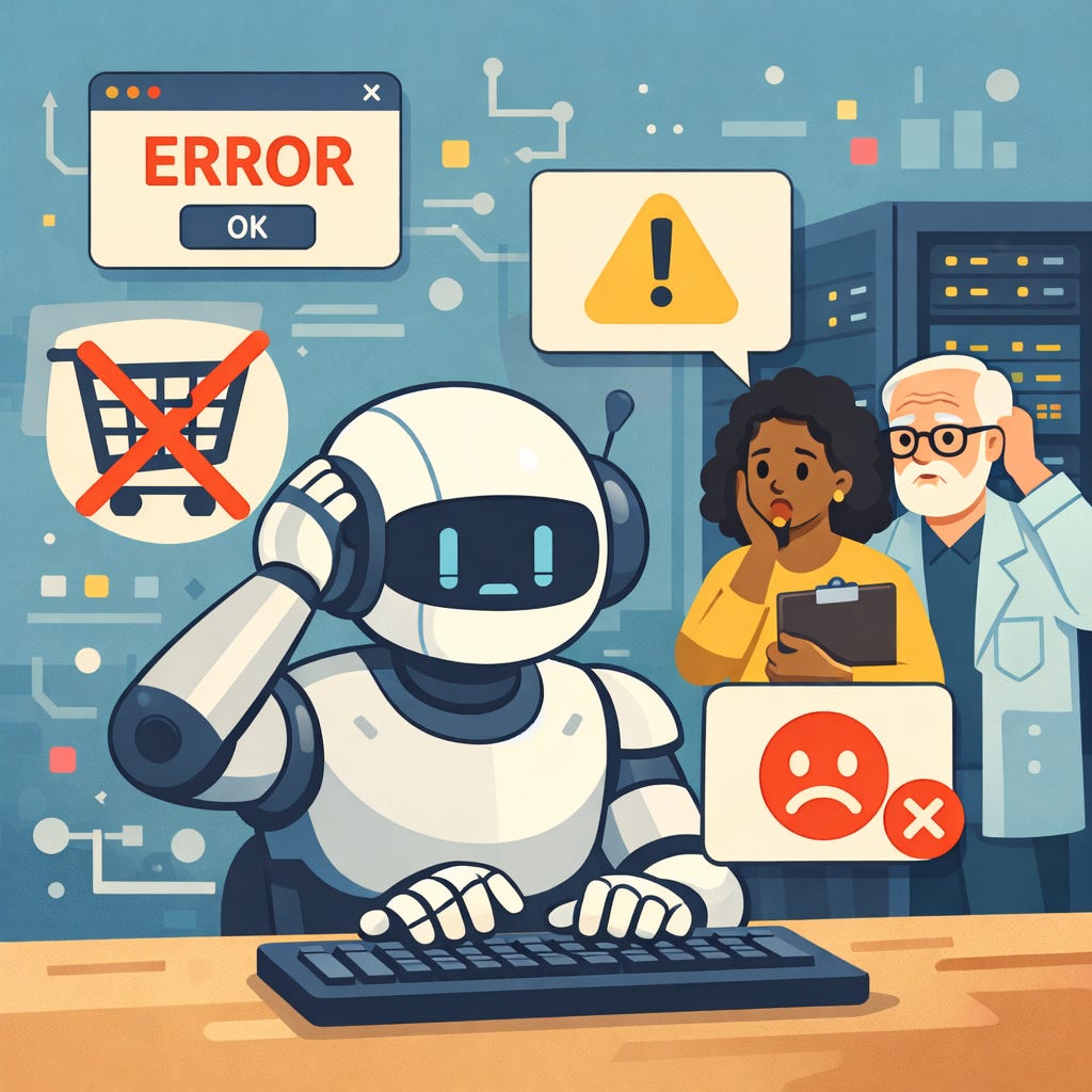 A cartoon illustration of a robot at a computer causing error pop-ups, with a crossed-out shopping cart, while two engineers watch anxiously. A cartoon illustration of a robot at a computer causing error pop-ups, with a crossed-out shopping cart, while two engineers watch anxiously.