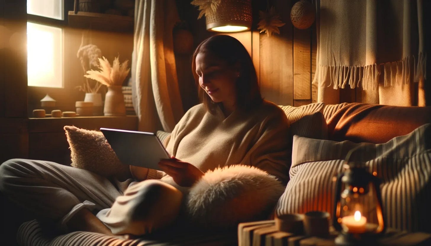 A medium shot of a woman in a cozy reading nook, surrounded by warm, soft lighting, comfortably looking at a tablet, with plush cushions and a blanket draped over her legs, creating a sense of calm and contentment, during the golden hour with light filtering through a nearby window