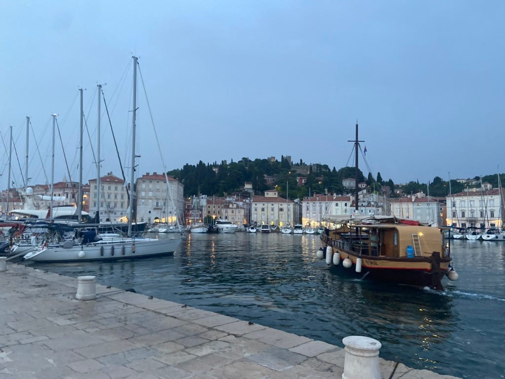 Piran harbour at sunset