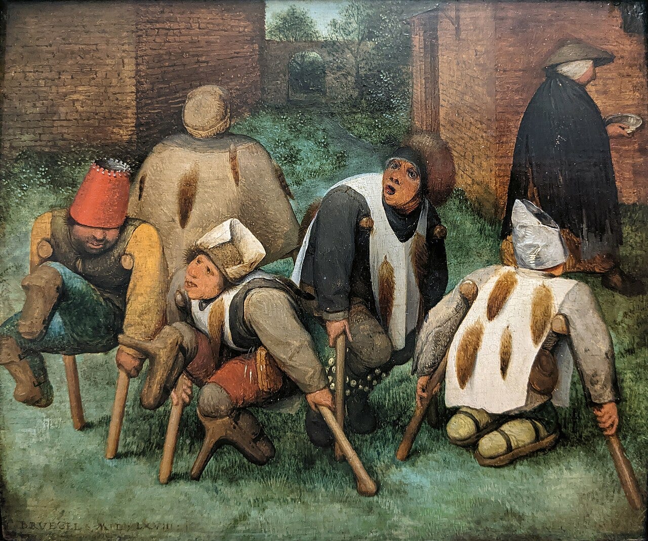 Disabled men in courtyard Disabled men in courtyard