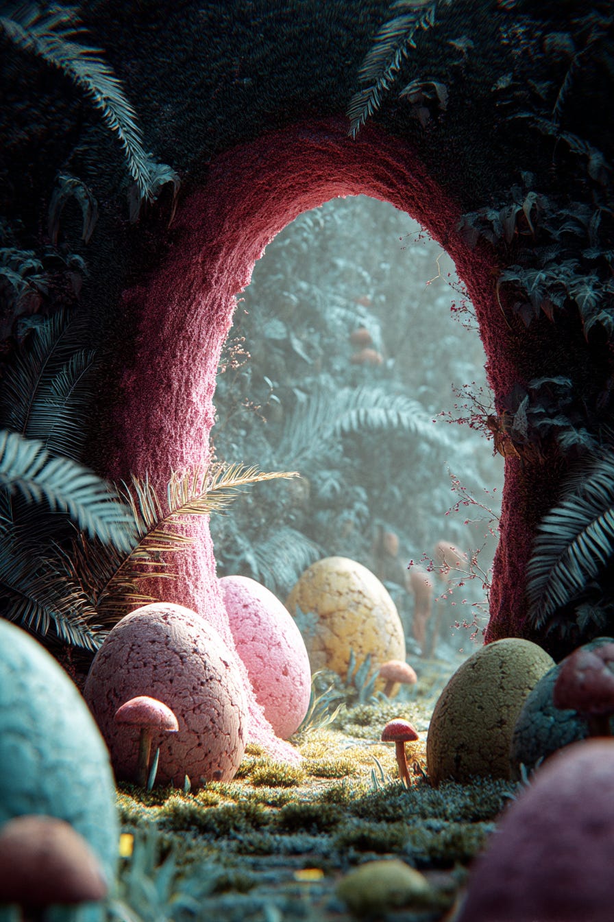 magical portal to Easter realm in forest, surreal landscape with giant pastel eggs, mythical beasts, fantasy adventure poster --ar 2:3 --profile vumoqva --v 7magical portal to Easter realm in forest, surreal landscape with giant pastel eggs, mythical beasts, fantasy adventure poster --ar 2:3 --profile vumoqva --v 7