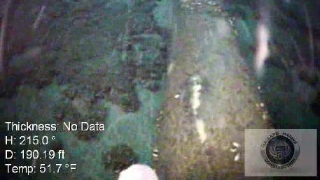 An image from underwater inspections of Line 5 in the Straits of Mackinac shows an area of missing protective coating and exposed steel.