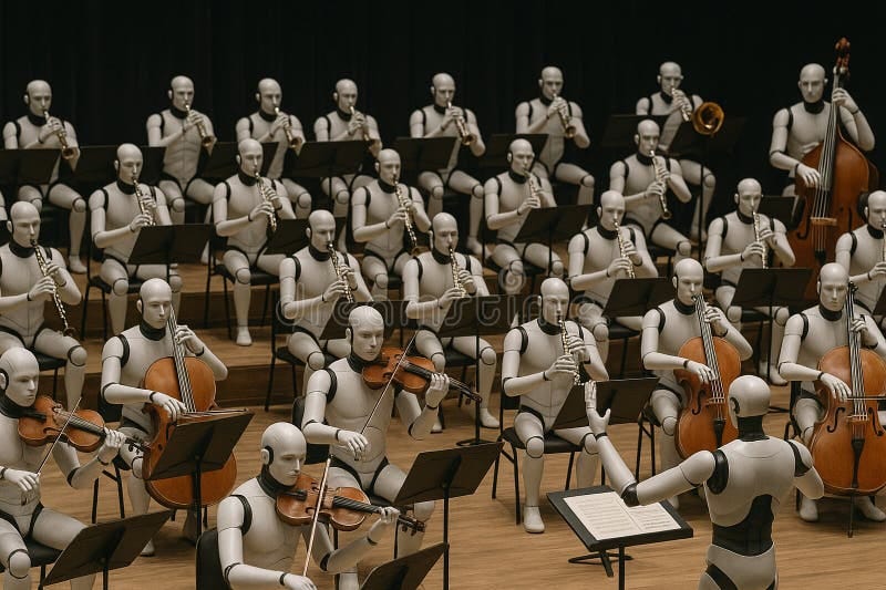 Robot Orchestra Playing Violins in Concert Hall, Futuristic Music  Performance Stock Photo - Image of hall, mechanical: 362354160
