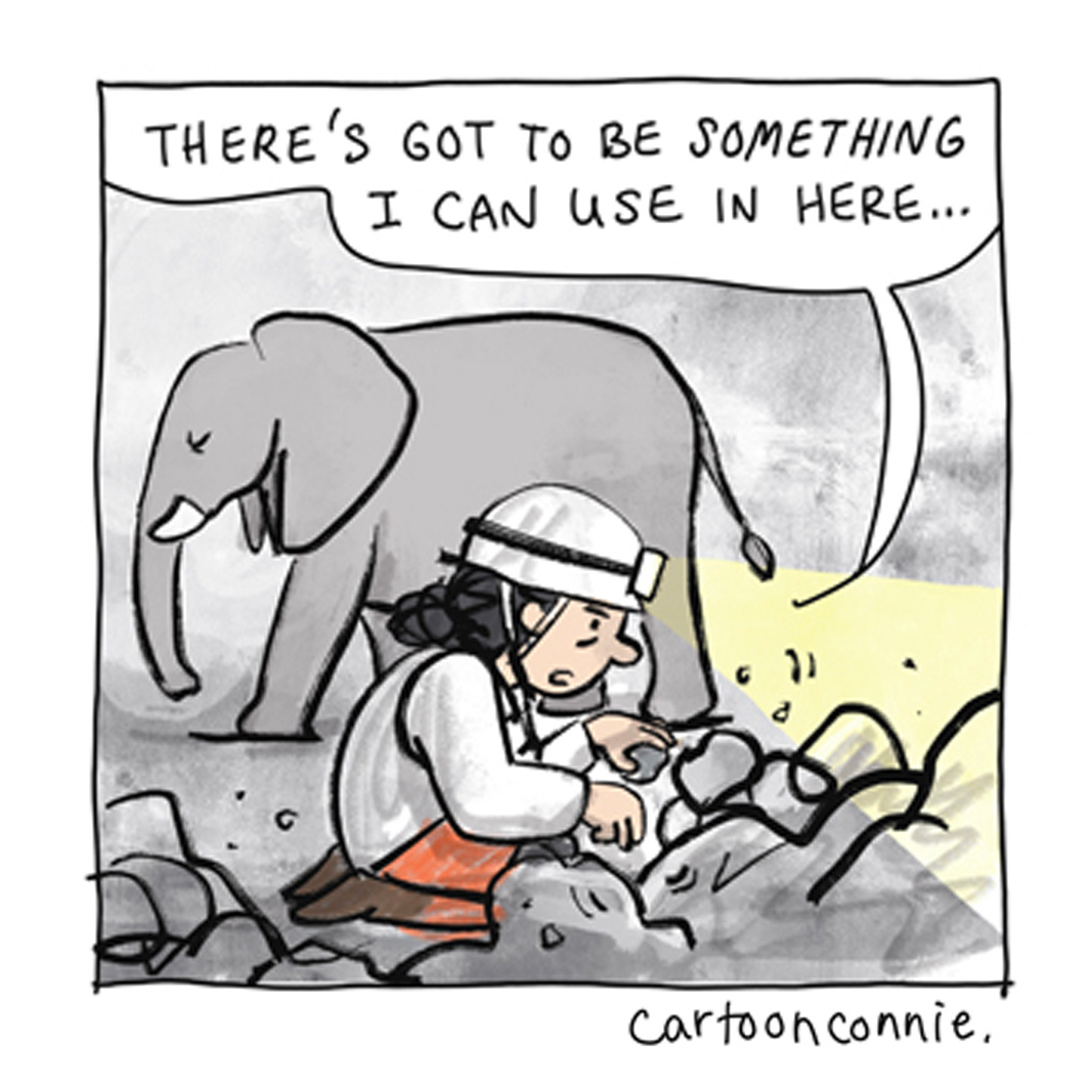 Panel 6 of a 6-panel comic strip about an introvert looking for hope in dark times. Titled "All In An Introvert Day's Work," 2026. Original art by Connie Sun, cartoonconnie.