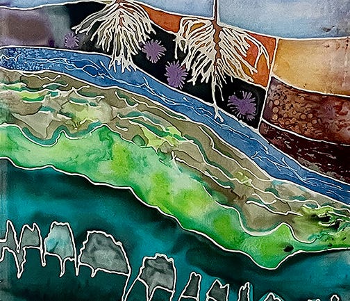 Green and blue layered silk painting showing underground water transitioning toward surface emergence Green and blue layered silk painting showing underground water transitioning toward surface emergence