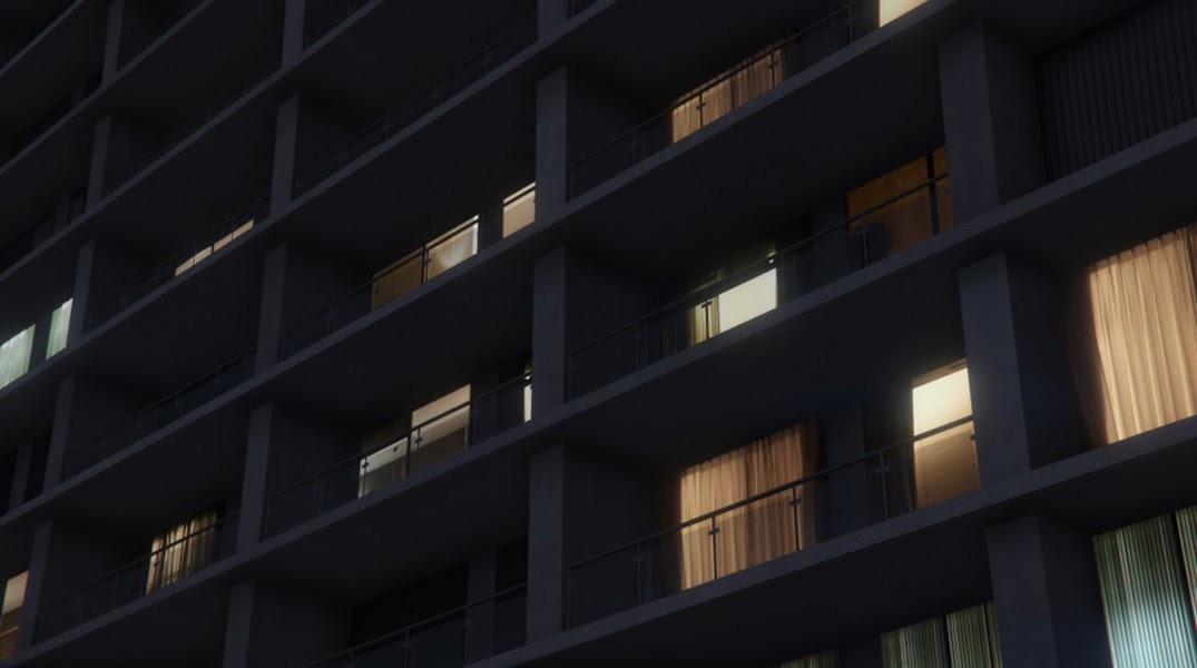Digital image of an apartment block at night with lights showing through windows Digital image of an apartment block at night with lights showing through windows