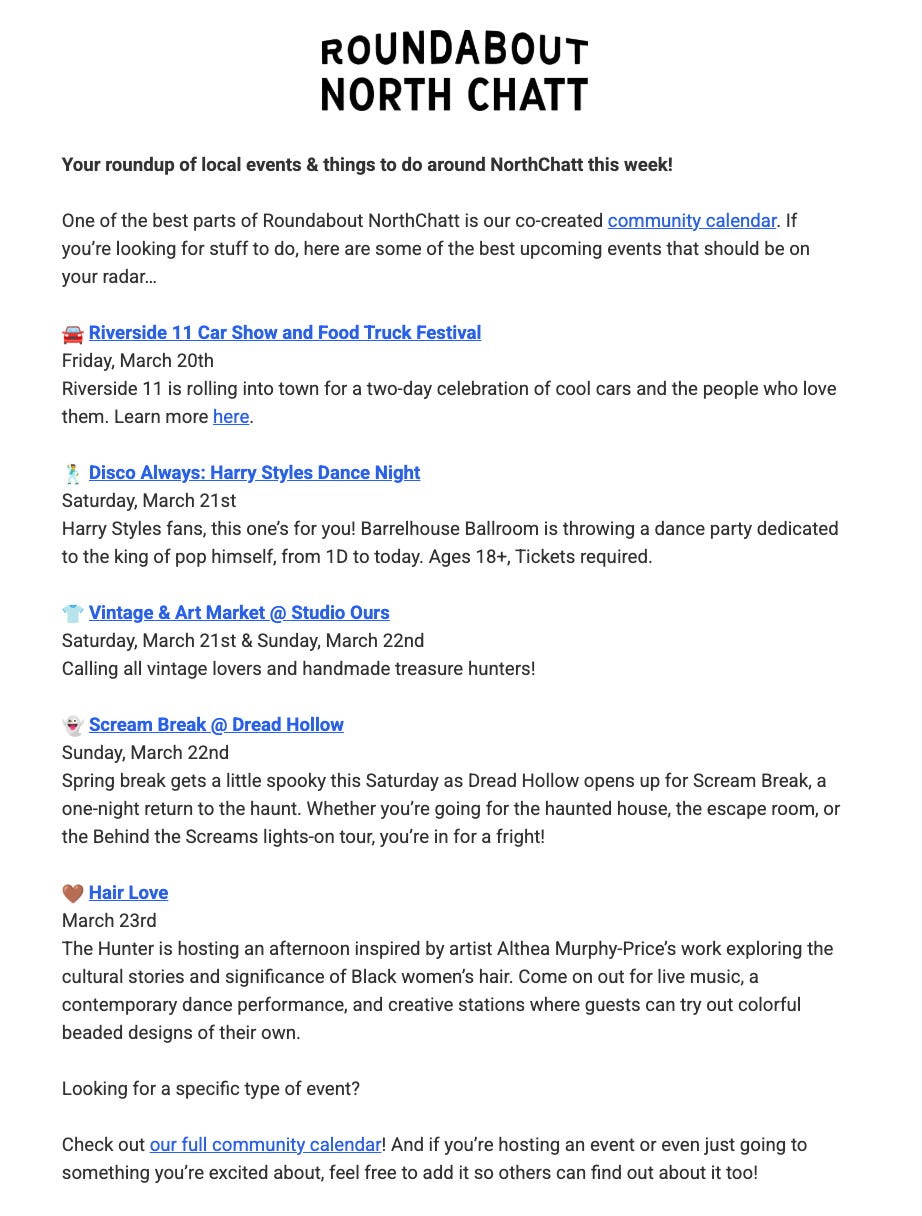 Email newsletter titled "ROUNDABOUT NORTH CHATT" with subtitle "Your roundup of local events & things to do around NorthChatt this week!" Lists upcoming events with emojis and dates including Riverside 11 Car Show, Disco Always Harry Styles Dance Night, Vintage & Art Market, Scream Break at Dread Hollow, and Hair Love event. Links to community calendar included.