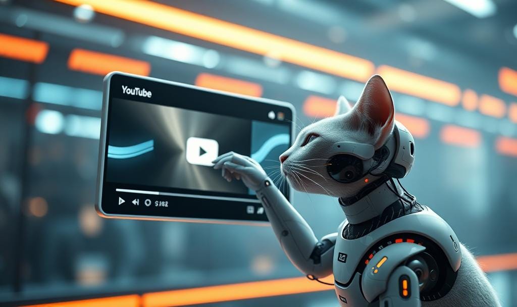 A futuristic AI cat uploading videos to a floating YouTube interface, cinematic sci-fi style.