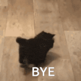 a black cat is walking on a wooden floor with the words bye written on the bottom a black cat is walking on a wooden floor with the words bye written on the bottom