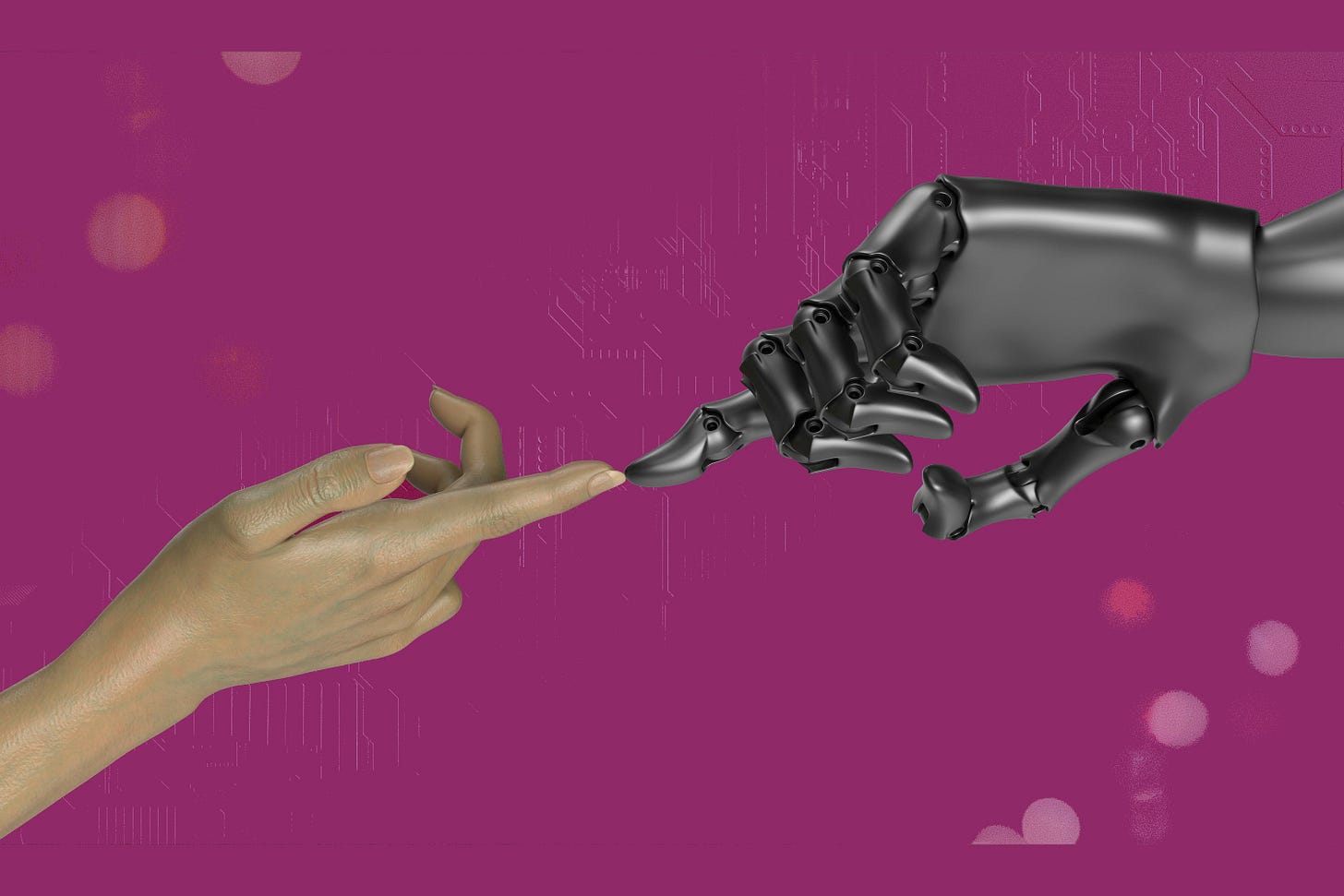 Hands of robot and woman touching fingertip Hands of robot and woman touching fingertip