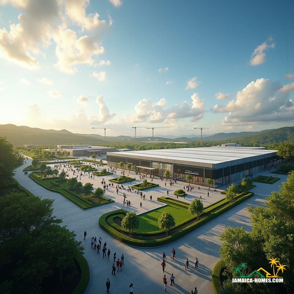 This visual offers a glimpse of what a Special Economic Zone could bring to areas like Boscobel and other parts of Jamaica. It features modern buildings for a call center, expansive warehousing facilities, sleek aircraft hangars, and a bustling commercial plaza filled with banks, restaurants, and shops. The layout includes factory outlets and a state-of-the-art medical facility, all surrounded by lush tropical landscaping. The scene is alive with people walking between buildings, workers commuting, and organized roads lined with parked cars, symbolizing the creation of over 2500 jobs, higher rental demand, and rising property values. This illustration captures the vibrancy and potential of a community hub thriving with new services and economic growth.