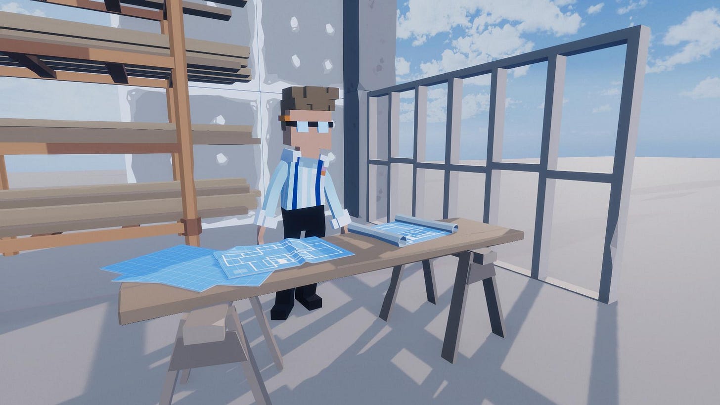 Voxel of 'Noah Wizard,' who is in a cuffed shirt wearing suspenders, standing over a makeshift desk made from wood over some saw horses, with blueprints on it