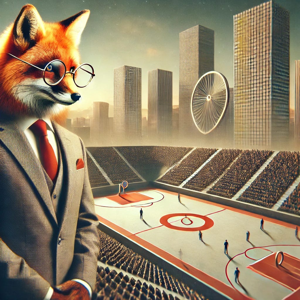A surreal depiction of a startup competition arena, resembling a Hunger Games setting with a business twist. The image features a clever fox wearing glasses, symbolizing sharpness and strategy, observing the scene from a distance.
