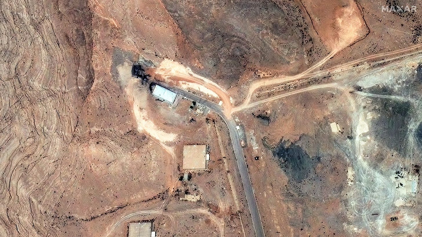 A satellite image shows damage to the tunnel entrances of the Isfahan Nuclear Technology Research Center in Isfahan, Iran, on June 22.