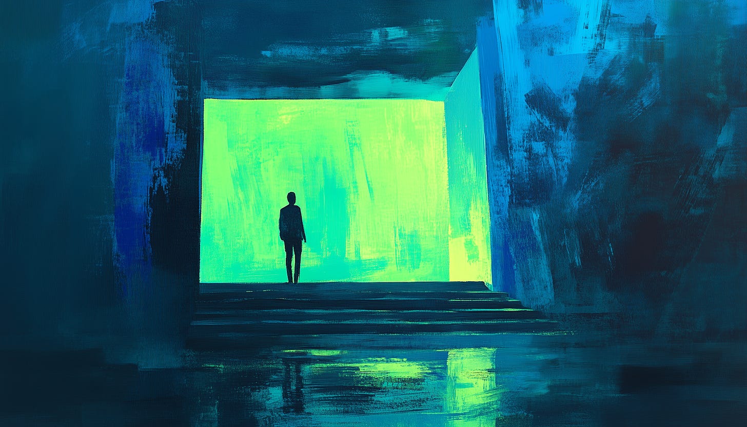 A lone figure stands at the threshold of a bright, glowing doorway, framed by deep blue and green shadows. The contrasting light and dark suggest a sense of transition and boldness, symbolizing the courage, clarity, and collaboration required to step forward and lead in the complex world of AI security.