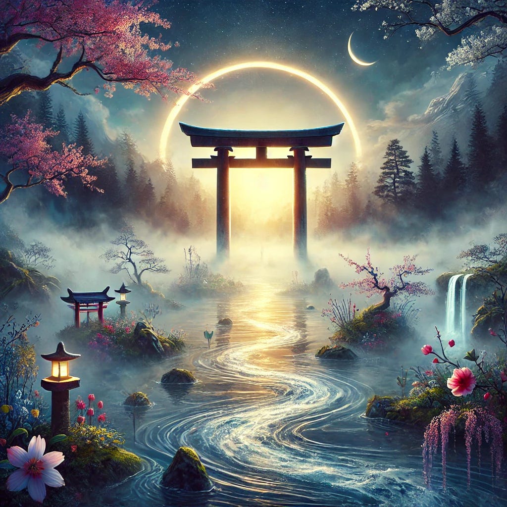 A symbolic artistic representation of the Japanese concept of Misogi, centered around defining life by transformative, defining moments. The image features a serene natural scene with a single glowing torii gate emerging from misty water, symbolizing passage and renewal. Surrounding the gate are subtle yet vivid elements of nature like blooming cherry blossoms, flowing rivers, and a rising sun in the background to represent new beginnings and purpose. The atmosphere is meditative and uplifting, evoking clarity, self-reflection, and the pursuit of meaningful milestones. The art style is serene and inspiring, inviting contemplation.
