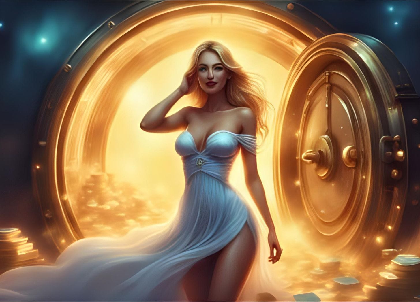 A beautiful young woman with long blonde hair and blue eyes wears a long, flowing, white, strapless dress, standing in front of a bank vault full of gold. A beautiful young woman with long blonde hair and blue eyes wears a long, flowing, white, strapless dress, standing in front of a bank vault full of gold.