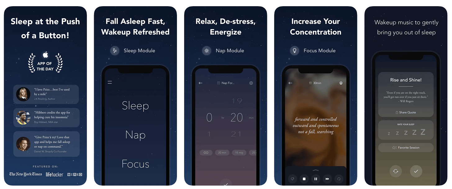 Five iPhone screenshots of the Pzizz sleep and focus app showing its main features: Sleep Module for falling asleep fast, Nap Module for relaxation and energy, Focus Module for concentration, and wake-up music. The app interface displays a dark theme with countdown timers and calming visual design.