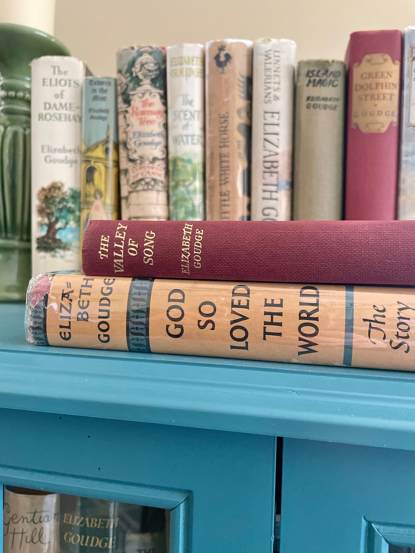 Copies of God So Loved the World and The Valley of Song by Elizabeth Goudge on my Goudge bookcase. Copies of God So Loved the World and The Valley of Song by Elizabeth Goudge on my Goudge bookcase.