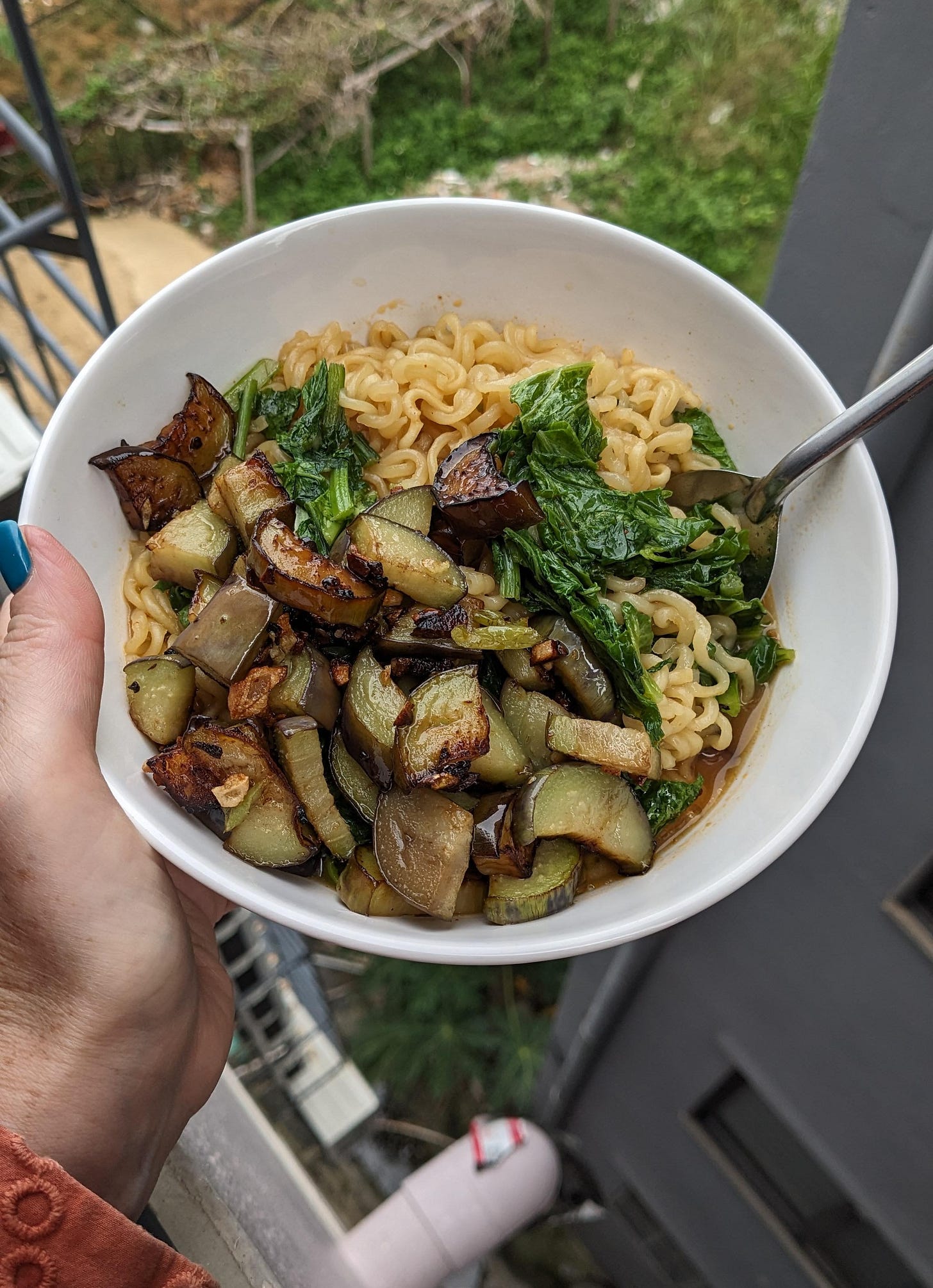 bowl of ramen and eggplant