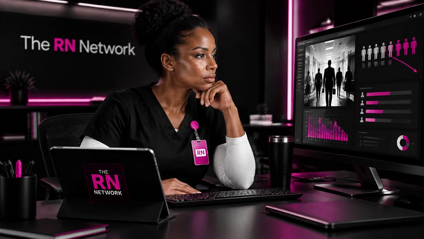 Nurse in neutral scrubs analyzing healthcare workforce information at a workstation Nurse in neutral scrubs analyzing healthcare workforce information at a workstation