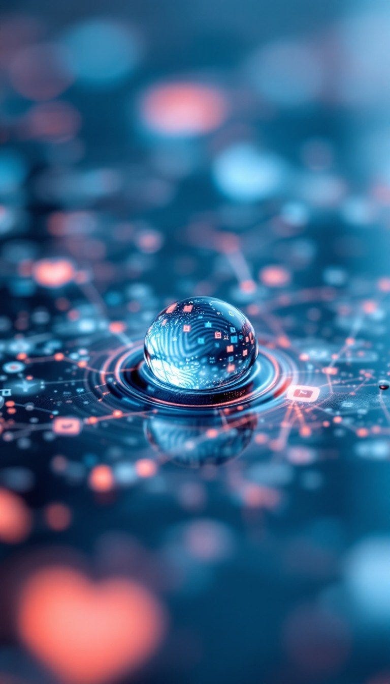 Delicate water droplets rest like tiny crystal spheres on a pristine glass surface, each one catching and reflecting ethereal blue and coral light. The central droplet stands in perfect focus, surrounded by a dreamy blur of bokeh effects that create depth and mystery. Subtle patterns reminiscent of digital networks spread across the background, connecting these liquid jewels in an artistic dance of nature and technology.