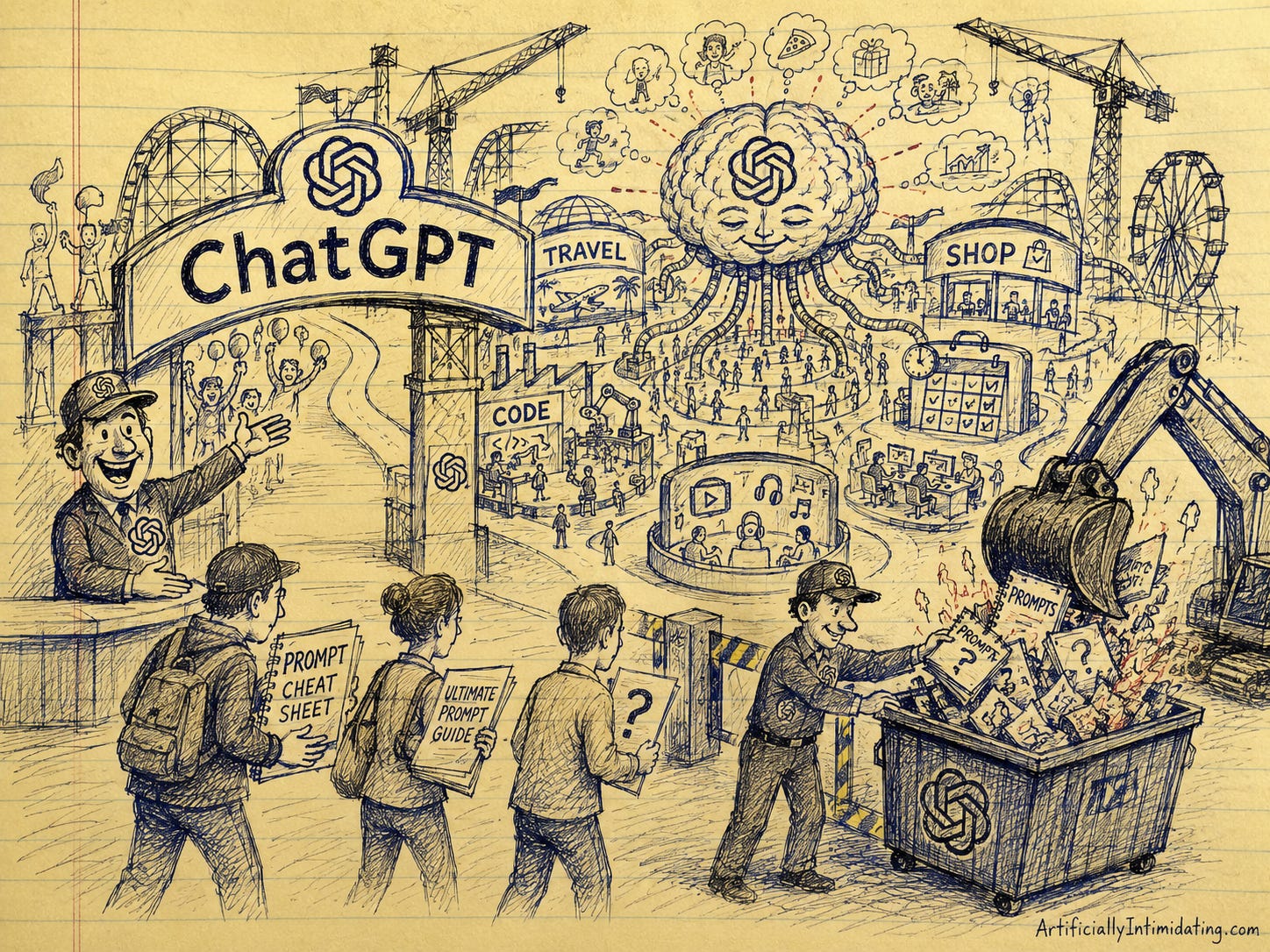 Hand-drawn editorial cartoon showing a giant ChatGPT-themed superapp amusement park under construction. Visitors arrive carrying prompt guides, cheat sheets, and question-mark signs, but OpenAI attendants confiscate and throw them into a demolition dumpster. At the center of the park, a massive ChatGPT-branded brain reads people's thoughts before they can speak while surrounding attractions represent travel booking, coding, shopping, calendars, and entertainment. The cartoon satirizes OpenAI's shift from teaching users to write prompts toward AI systems that anticipate user needs automatically. Hand-drawn editorial cartoon showing a giant ChatGPT-themed superapp amusement park under construction. Visitors arrive carrying prompt guides, cheat sheets, and question-mark signs, but OpenAI attendants confiscate and throw them into a demolition dumpster. At the center of the park, a massive ChatGPT-branded brain reads people's thoughts before they can speak while surrounding attractions represent travel booking, coding, shopping, calendars, and entertainment. The cartoon satirizes OpenAI's shift from teaching users to write prompts toward AI systems that anticipate user needs automatically.