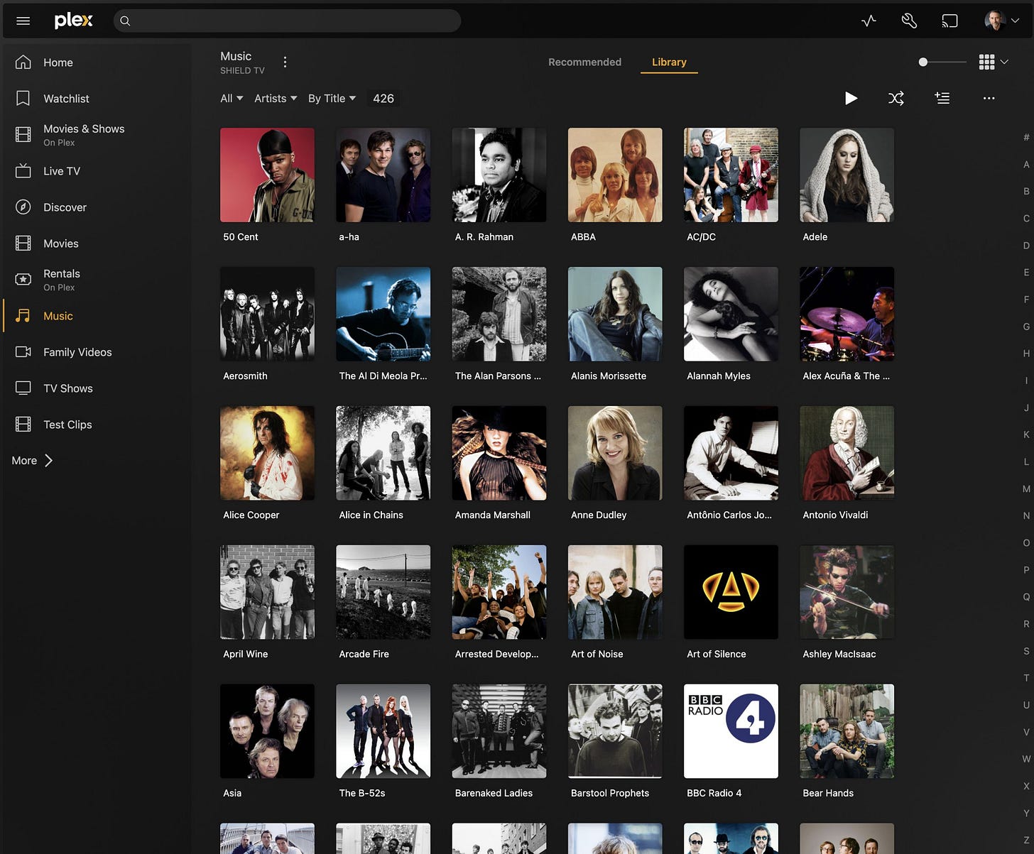 The Plex Web app showing the artist listing from the music category of a Plex Media Server.