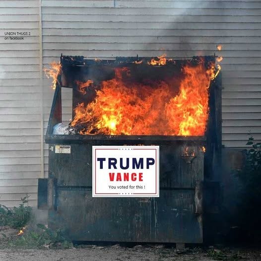 May be an image of fire and text that says 'UNION THUGS2 on facebook TRUMP VANCE You Youvotedforthis! ouvoted votedf for or this!'