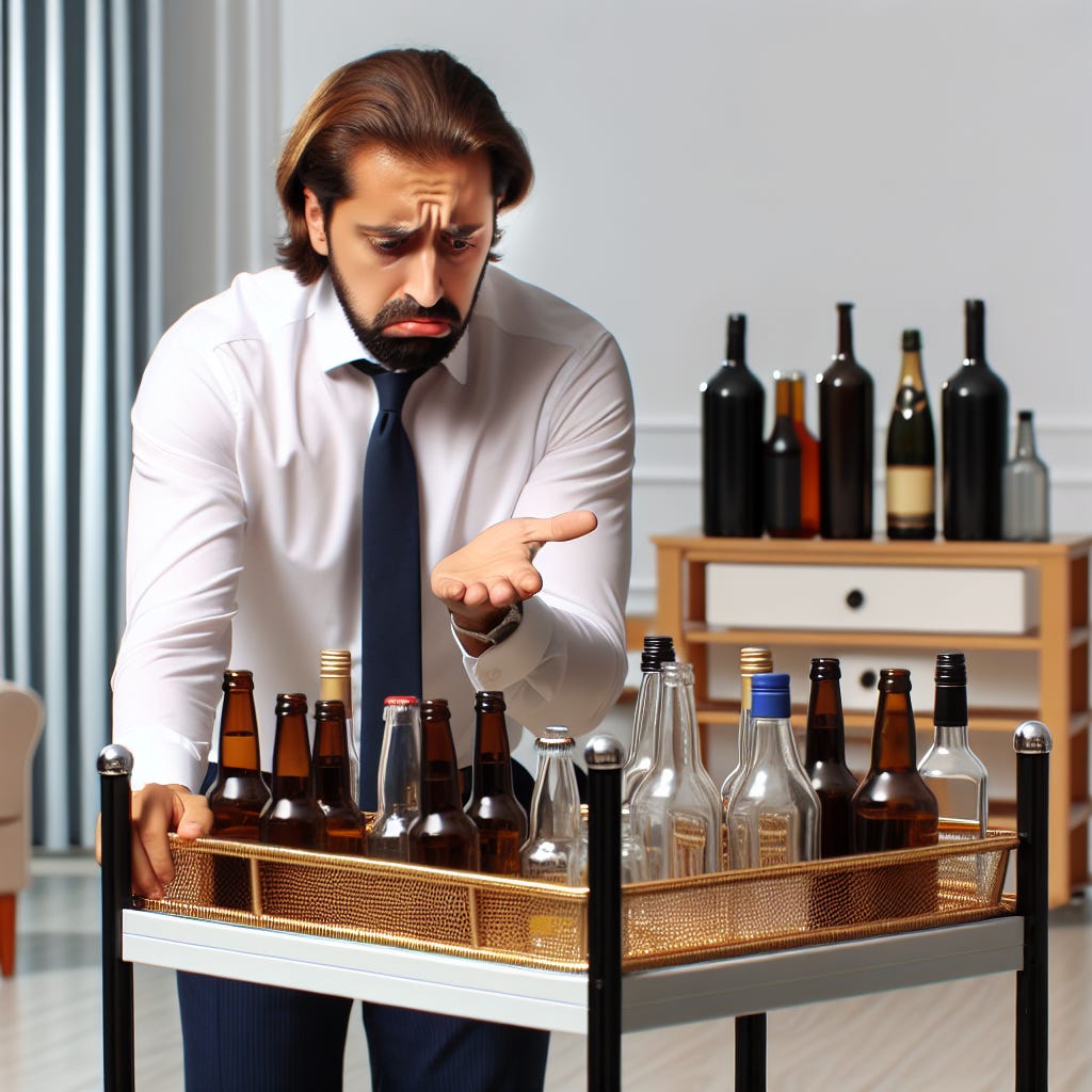 a disappointed boss looking at an empty bar cart with empty liquor bottles because his employees drank all of it when he shouldn't have