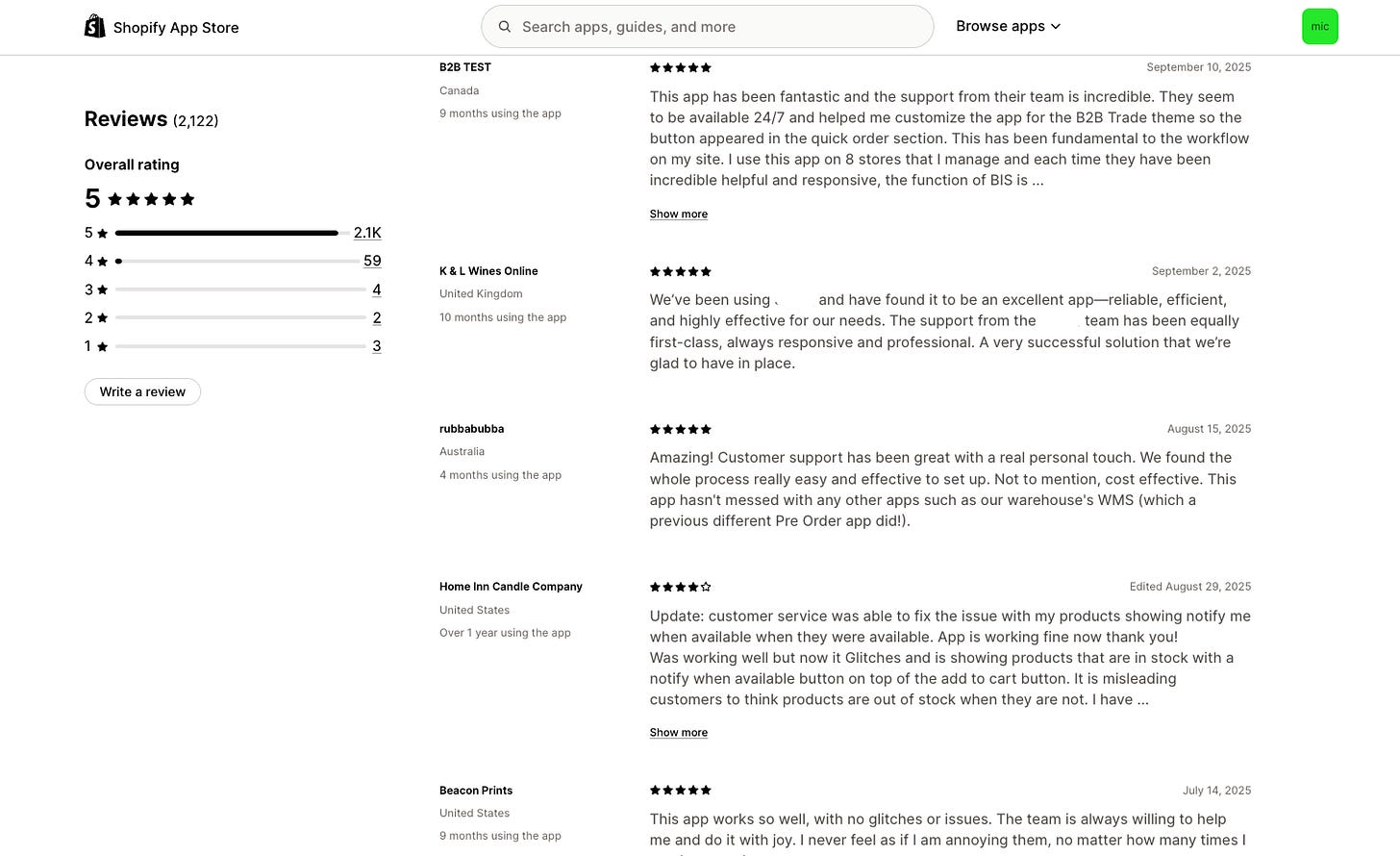 5-star Shopify app review mentioning quick response times and helpful support team.