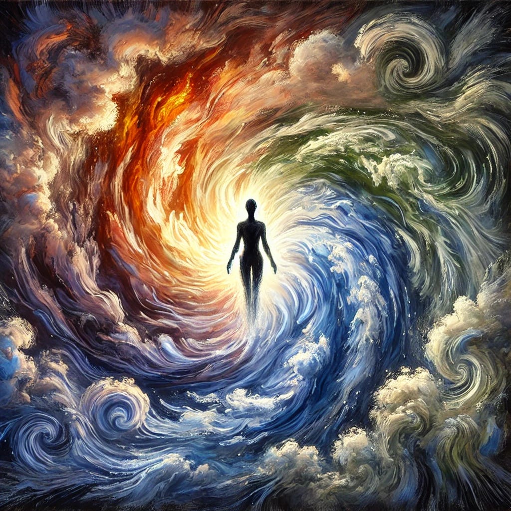 An abstract representation of embracing change: A figure standing in the center, surrounded by swirling elements of earth, water, wind, and fire. Their form is both grounded and fluid, showing the balance between resilience and adaptability. The colors shift from deep turmoil to a soft glow, symbolizing transformation and newfound strength.