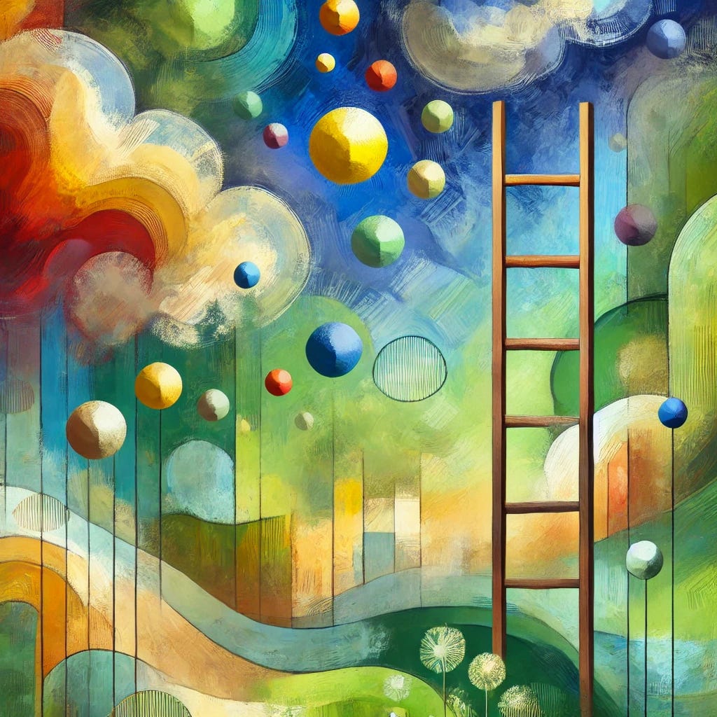 An abstract and playful painting inspired by the themes of opportunity and optimism. The composition features a bright and colorful abstract ladder symbolizing growth and potential, placed against a harmonious background of green, blue, and earthy tones. The ladder is surrounded by floating, irregular shapes in vibrant colors like yellow, orange, and red, representing opportunities. The background includes soft, layered brushstrokes to evoke a sense of depth and natural harmony. The overall aesthetic is decorative, flat, and textured with visible brushstrokes, creating a peaceful and uplifting atmosphere.