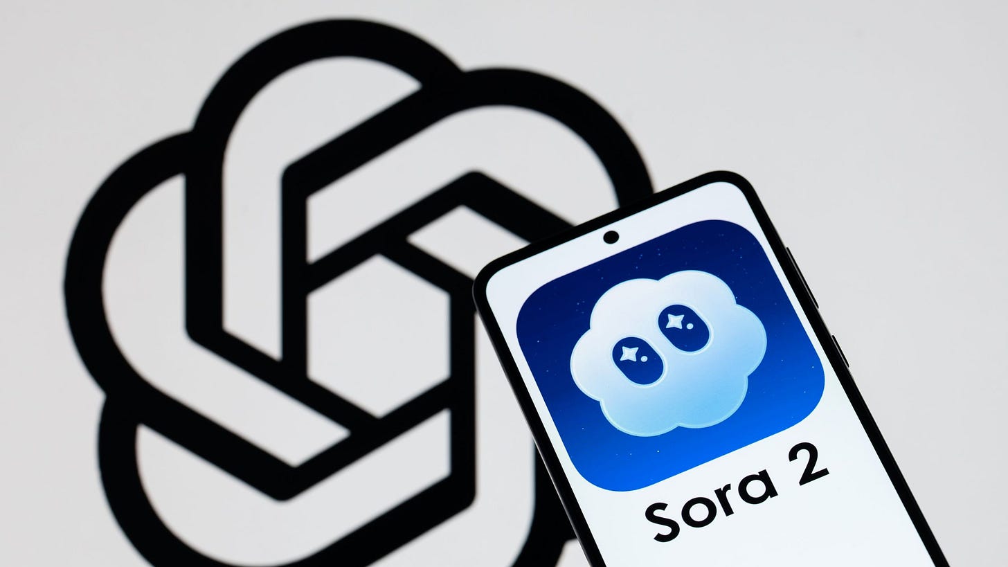 The Sora 2 icon is displayed on a mobile phone with the OpenAI company's branding seen in the background in this photo...