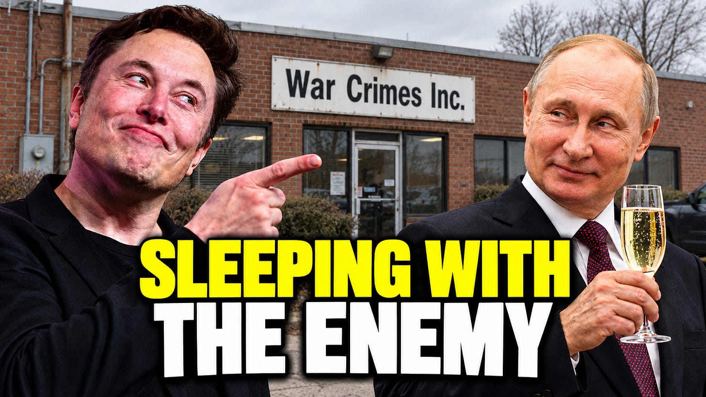 Musk and Putin, who has champagne, in front of the "War Crimes" store