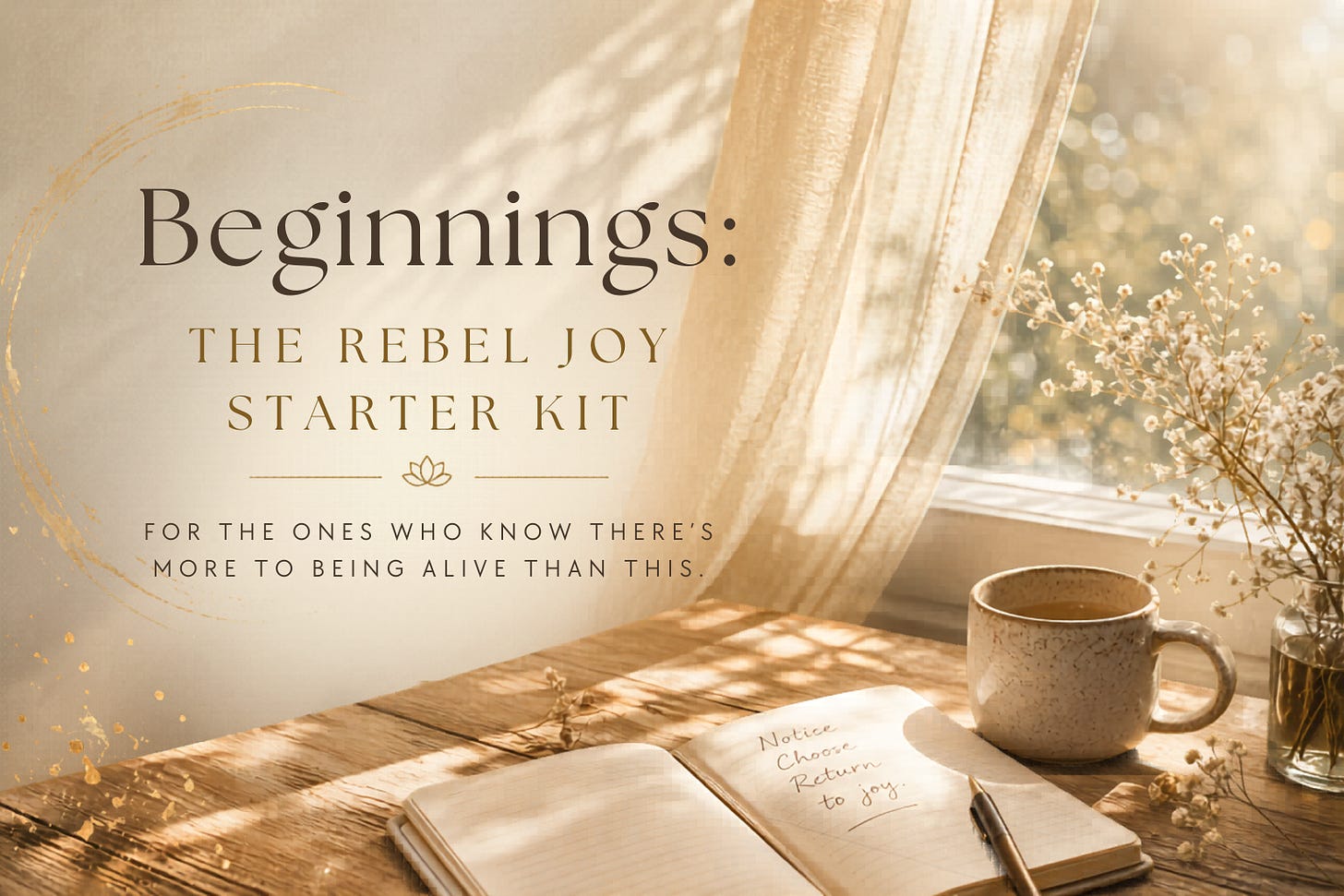 Rebel Joy Starter Kit header image with soft sunlight, journal, and tea, representing mindful living and choosing joy.
