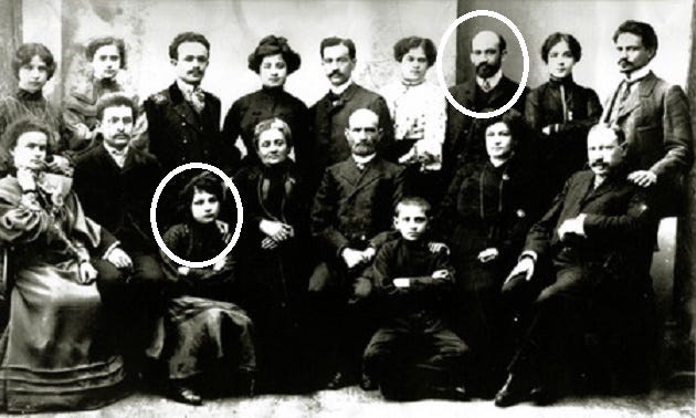 Mina, or “Fanny,” Weizmann sitting in the bottom row with her family in Pinsk, Belorussia, in 1904