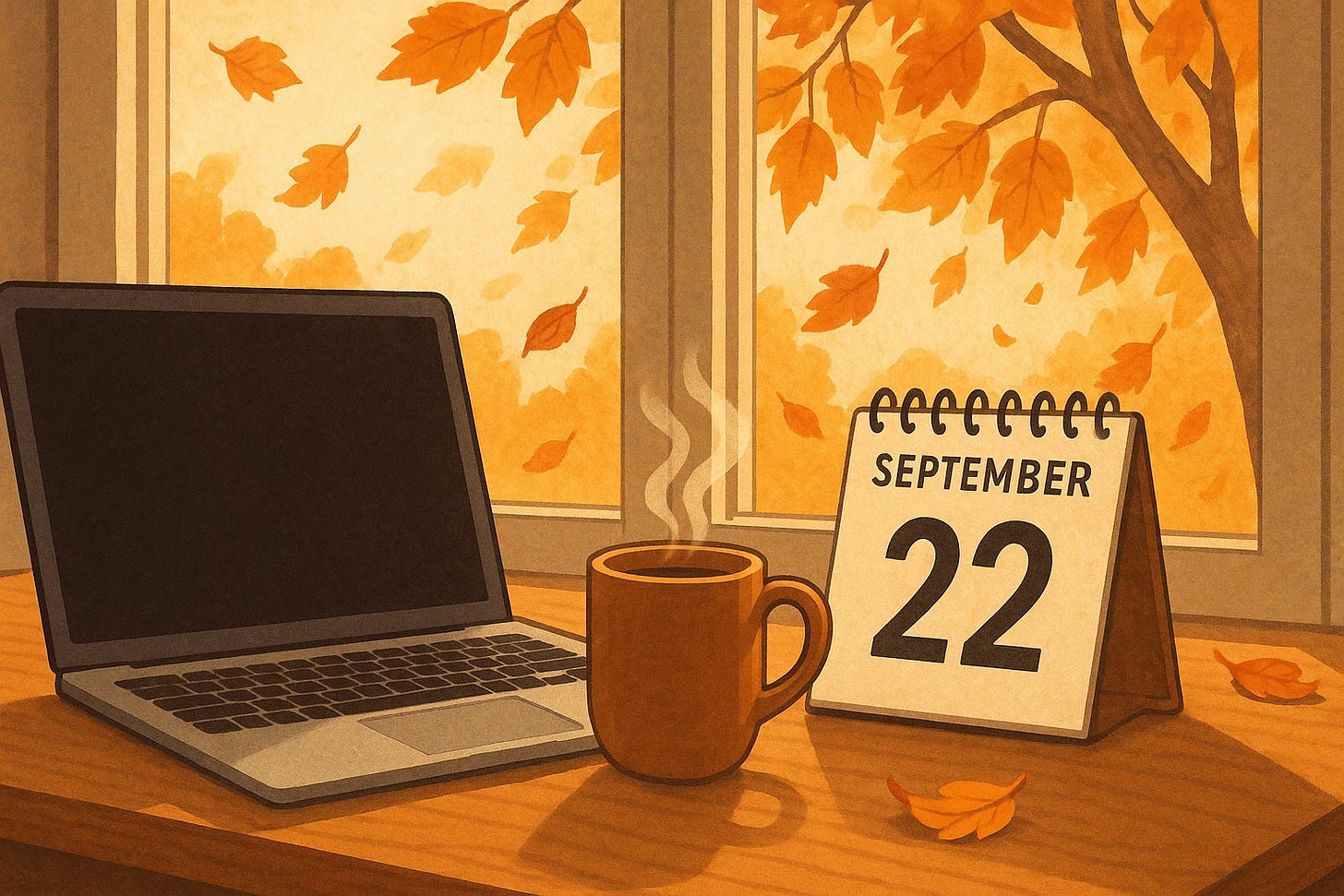 A desk with a laptop and steaming coffee beside a window. A calendar shows September 22 circled, and autumn leaves are falling outside, symbolizing the start of fall. A desk with a laptop and steaming coffee beside a window. A calendar shows September 22 circled, and autumn leaves are falling outside, symbolizing the start of fall.