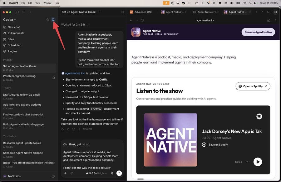New Codex notifications side panel