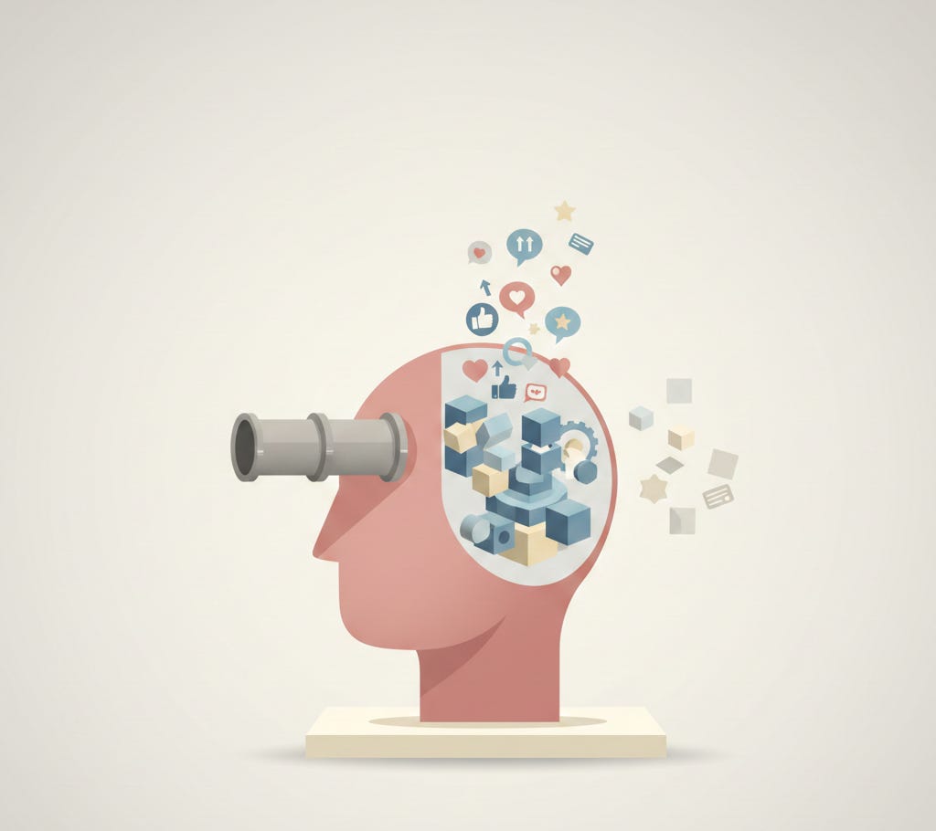 A minimal conceptual illustration of a human head in profile with a metal pipe feeding directly into the eye socket, symbolizing the medium entering cognition. Inside the exposed cutaway of the head, geometric blocks represent the mind’s compression engine, rearranged by incoming signals—likes, hearts, arrows, notifications. Small cubes fall away from the back of the head, representing fidelity loss, semantic drift, and cognitive destabilization within high-entropy media environments.