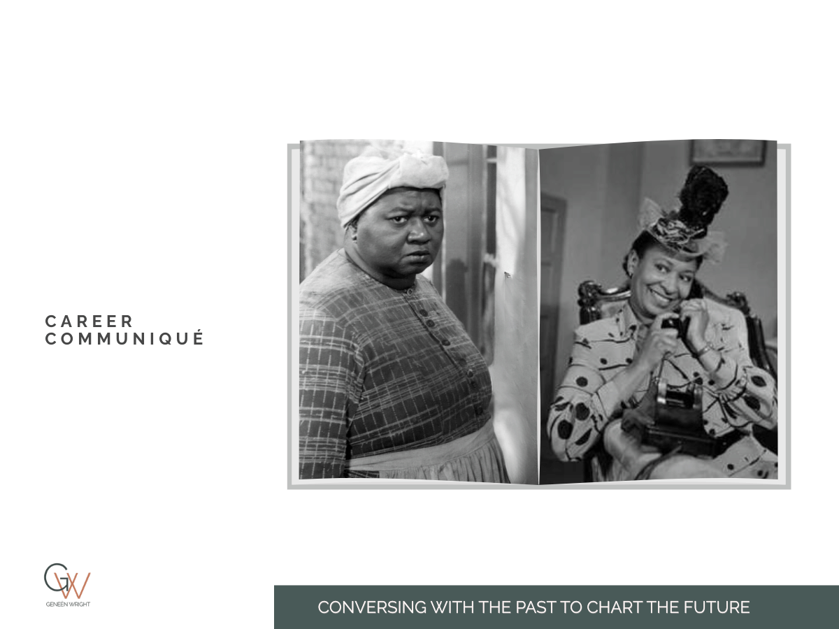 Black-and-white archival film stills showing two portrayals of Black women in early American media — one wearing a headwrap and domestic clothing, the other seated in fashionable attire and holding a telephone. Black-and-white archival film stills showing two portrayals of Black women in early American media — one wearing a headwrap and domestic clothing, the other seated in fashionable attire and holding a telephone.