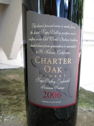 A - Tra Vigne - Charter Oak label close up A - Tra Vigne - Charter Oak label close up