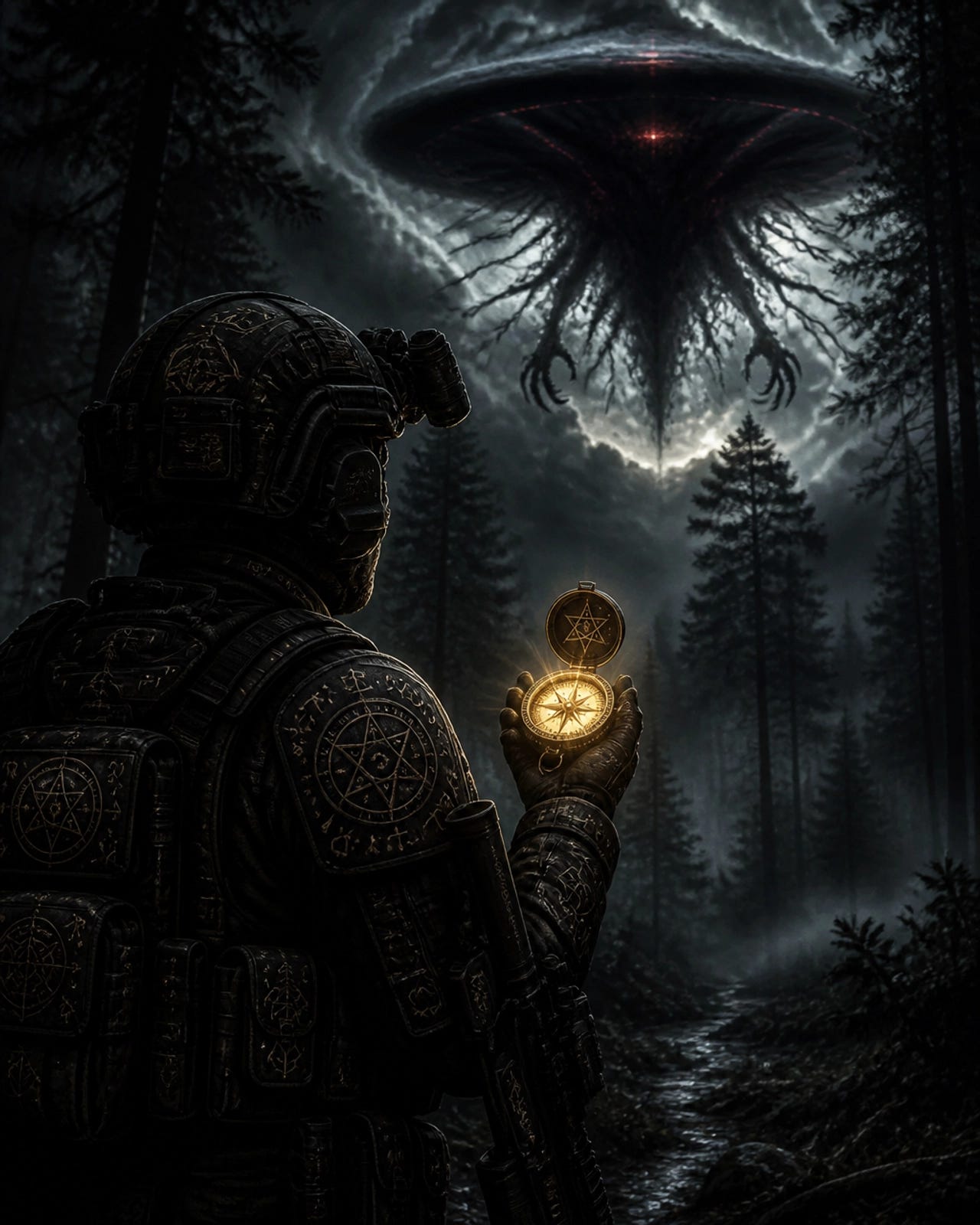 A soldier with spiritual armor looking at a demonic entity mimicking a UFO