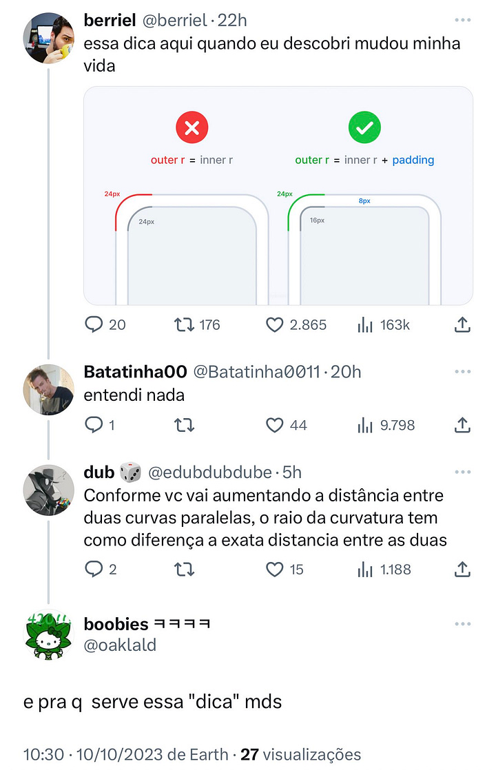 Duas capturas de tela do Twitter. Nela temos uma imagem mostrando como arredondar cantos de elementos. A thread mostra pessoas não entendendo como funciona mesmo estando literalmente desenhado.