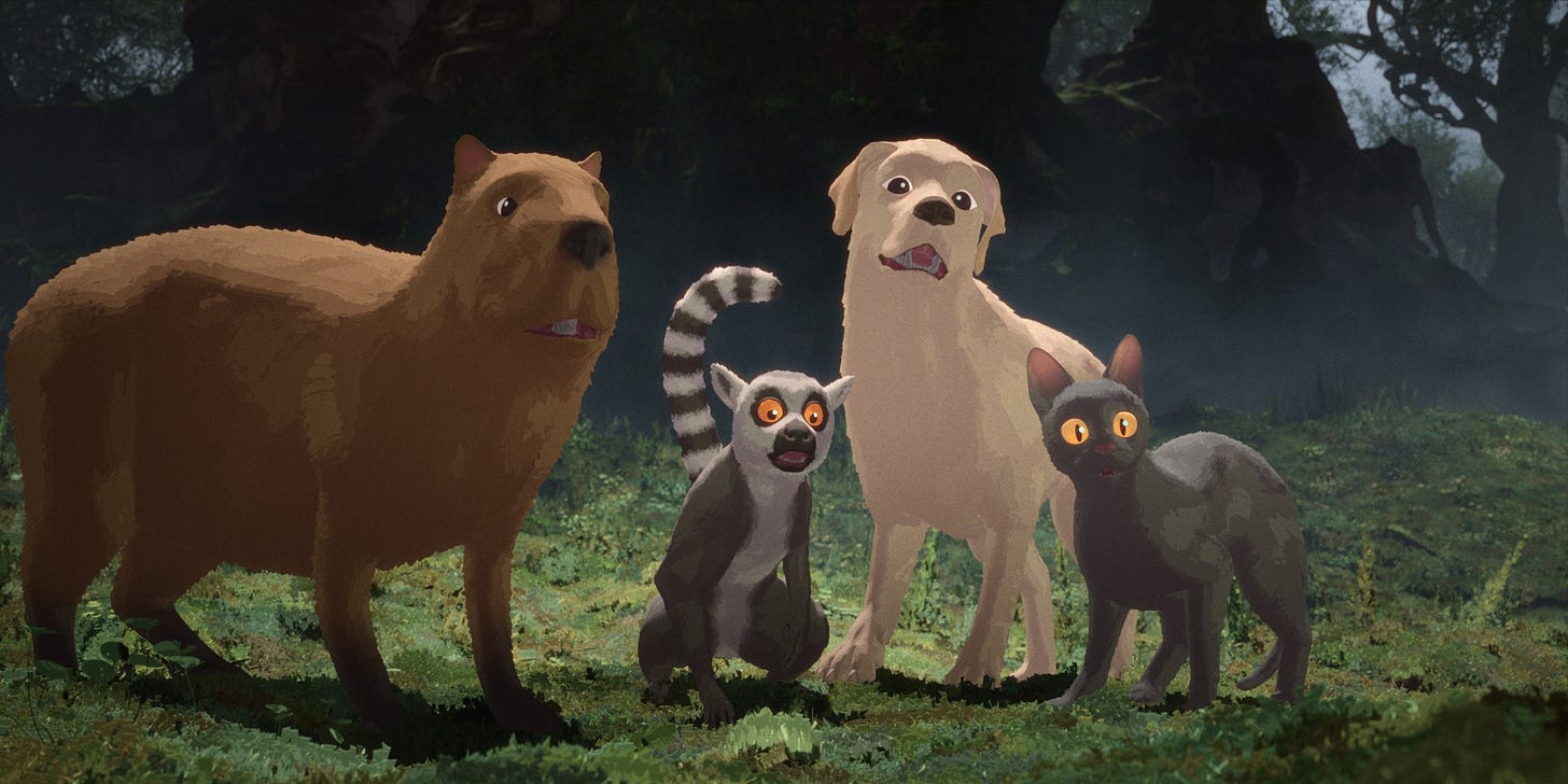An animated capybara, lemur, secretary bird, and cat An animated capybara, lemur, secretary bird, and cat