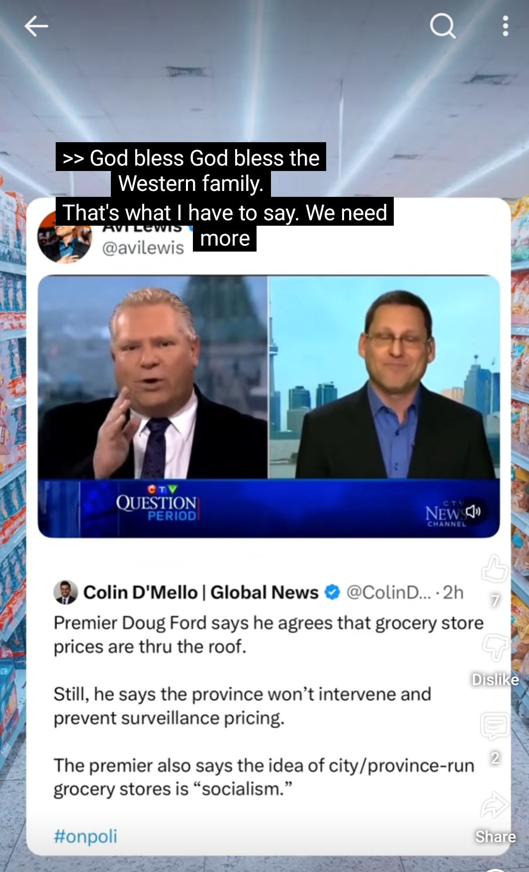 A screenshot of a debate between Doug Ford and Avi Lewis, the captions show that Doug Ford is declaring "God bless the Weston Family".