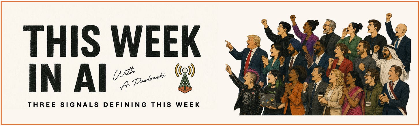 Banner for "This Week in AI," a weekly AI briefing featuring the title, a signal icon, and a diverse audience of business leaders, technologists, policymakers, investors, and creators reacting to emerging technology trends under the tagline "Three Signals Defining This Week." Banner for "This Week in AI," a weekly AI briefing featuring the title, a signal icon, and a diverse audience of business leaders, technologists, policymakers, investors, and creators reacting to emerging technology trends under the tagline "Three Signals Defining This Week."