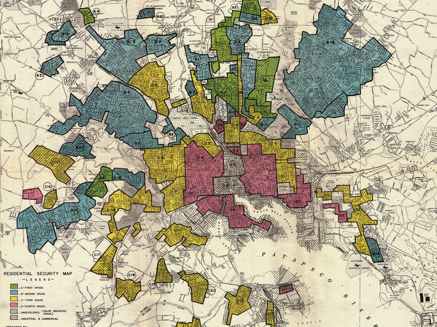 A “Residential Security Map” of Baltimore from 1937, showing areas of the city residentially “graded” by the federal government. From the city center, areas generally move from red to yellow to blue and green. A “Residential Security Map” of Baltimore from 1937, showing areas of the city residentially “graded” by the federal government. From the city center, areas generally move from red to yellow to blue and green.